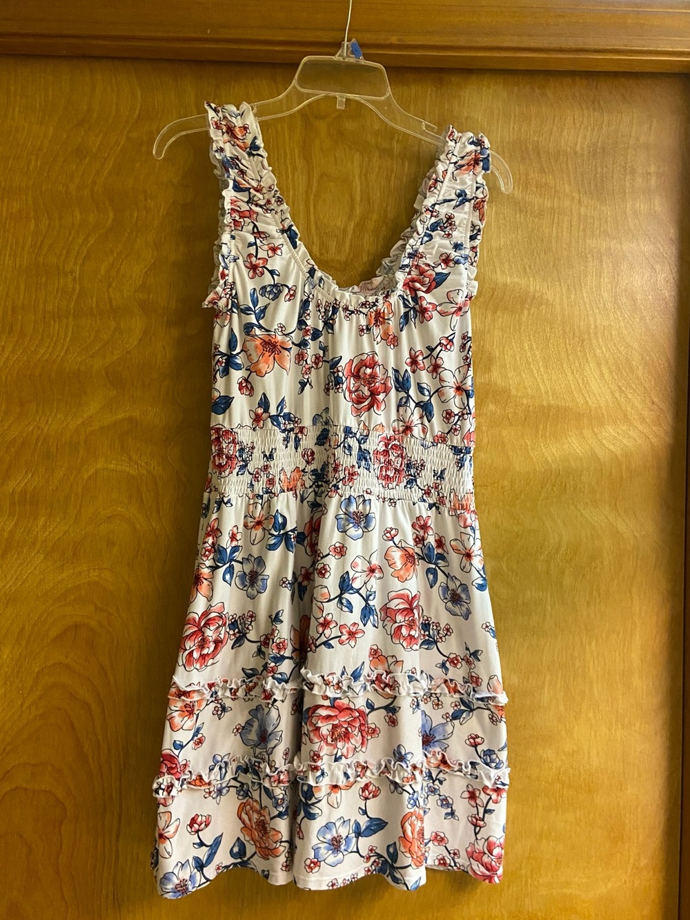 No Boundaries white Sun Dress with Blue & Coral Floral Print